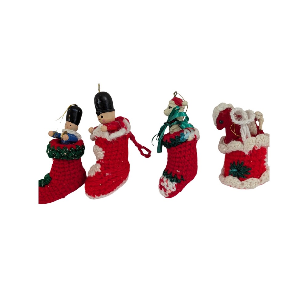 Vintage Handmade Crochet Christmas Stocking Ornaments Set 4 Kitschy